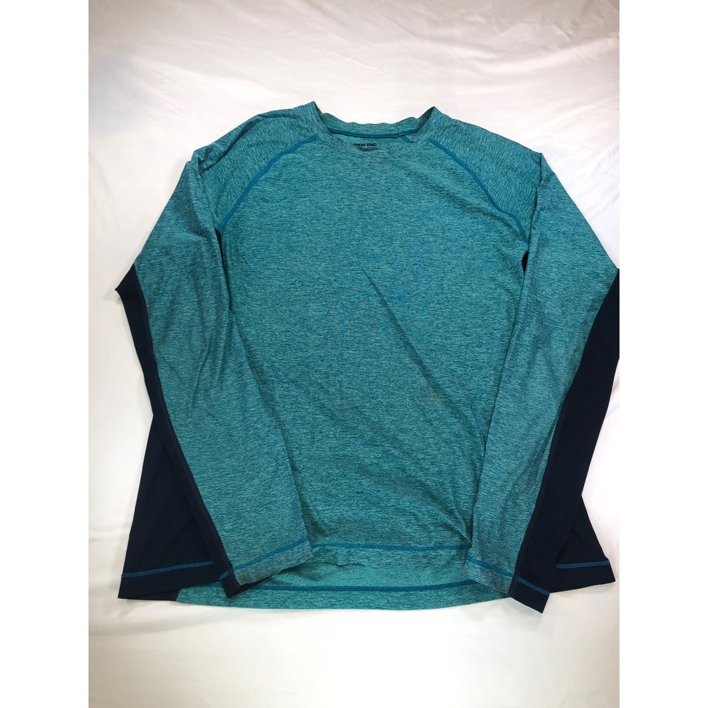 Lands End Mens Long Sleeve Active Shirt Teal Space Dye Navy Blue Large L